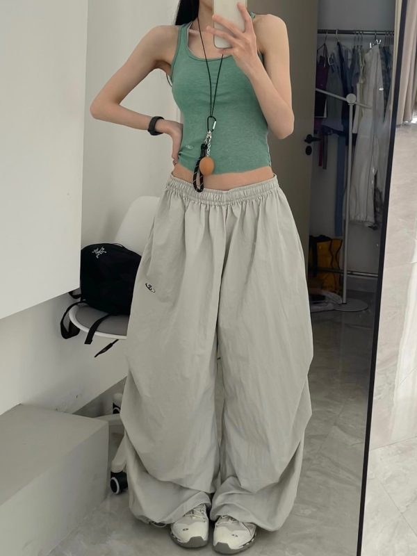 Women's American Vintage Cargo Pants - Summer Loose Casual Wide-Leg Parachute Pants with Drawstring, Hip-Hop Style
