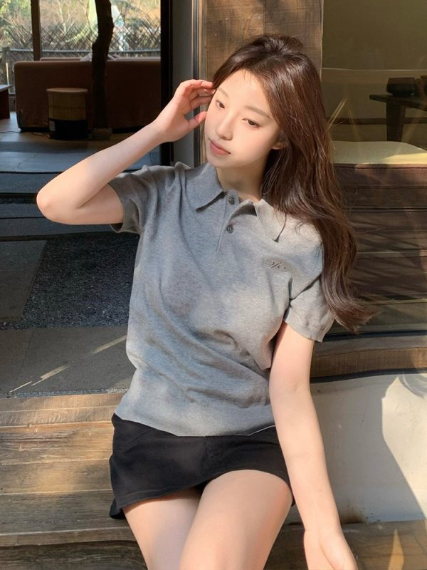 Women's American Vintage Polo Shirt, Gray Knitted Short Sleeve with Letter Embroidery, Casual Summer Style Top