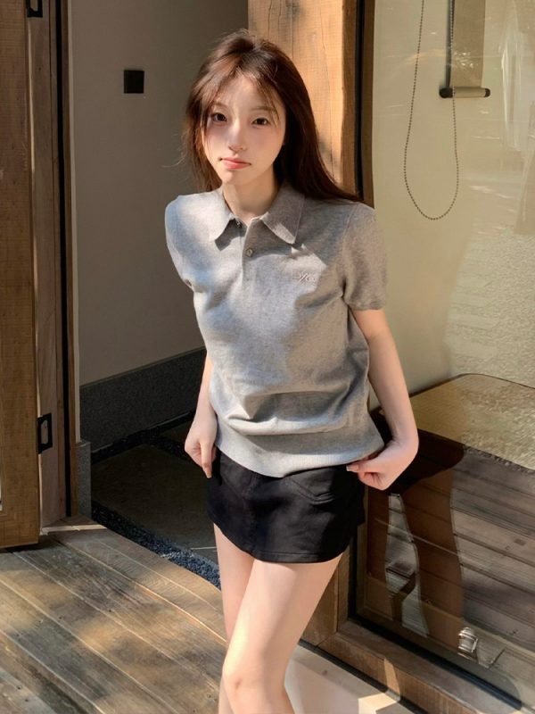 Women's American Vintage Polo Shirt, Gray Knitted Short Sleeve with Letter Embroidery, Casual Summer Style Top