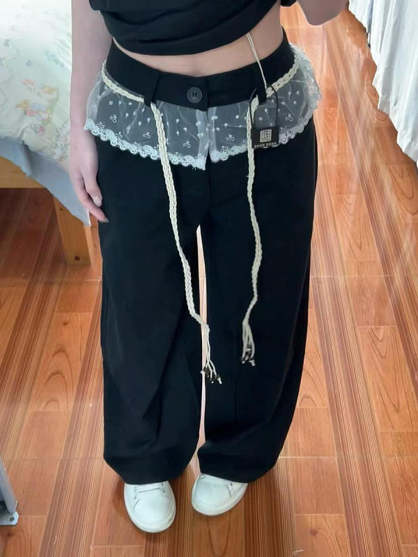 Women's Black Lace Splicing Cargo Pants - 2025 Wide-Leg Design, American Style, Korean Casual Fashion