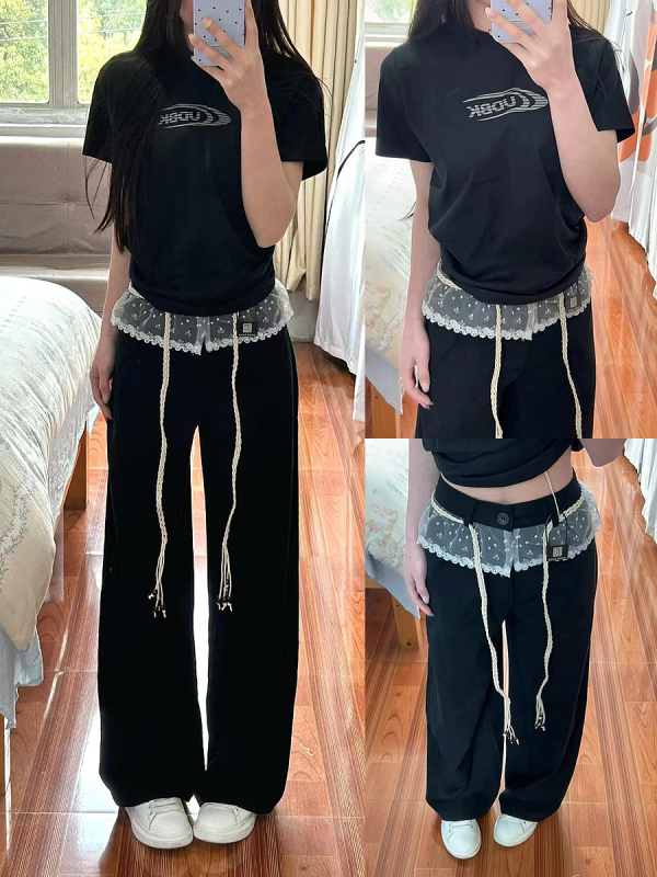 Women's Black Lace Splicing Cargo Pants - 2025 Wide-Leg Design, American Style, Korean Casual Fashion
