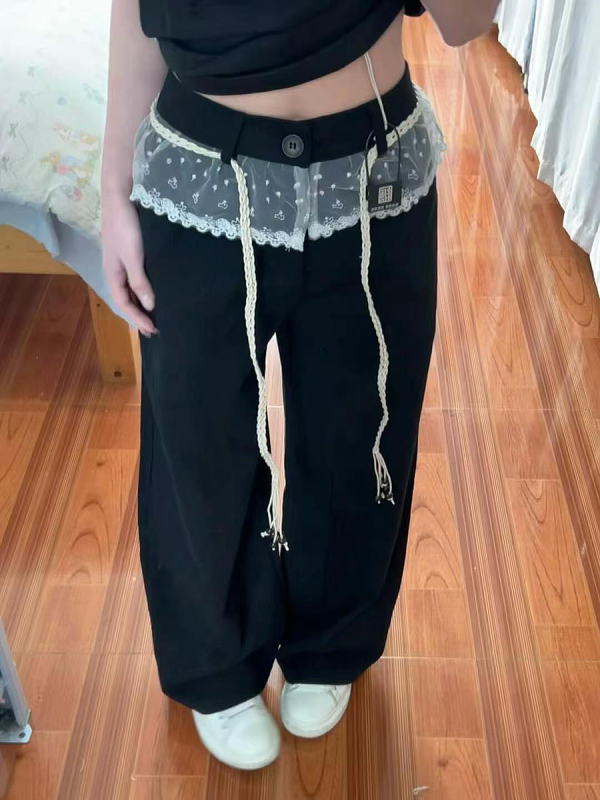 Women's Black Lace Splicing Cargo Pants - 2025 Wide-Leg Design, American Style, Korean Casual Fashion