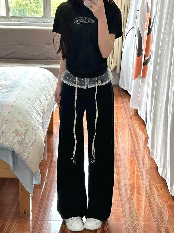 Women's Black Lace Splicing Cargo Pants - 2025 Wide-Leg Design, American Style, Korean Casual Fashion