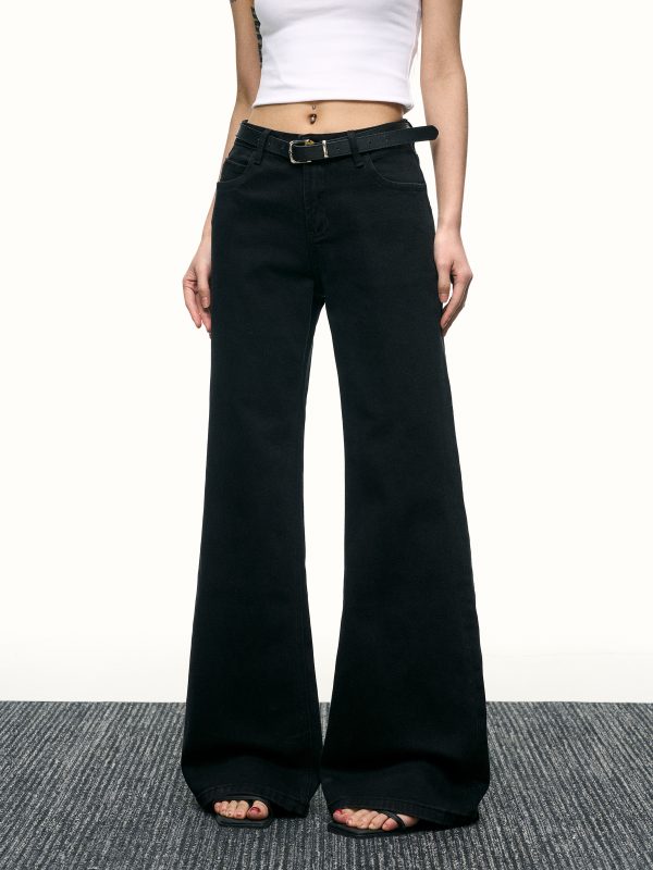 Women's Black Mid-Waist Flared Jeans - Versatile High Street Wide-Leg Trousers for Spring - Slimming Floor-Length Style