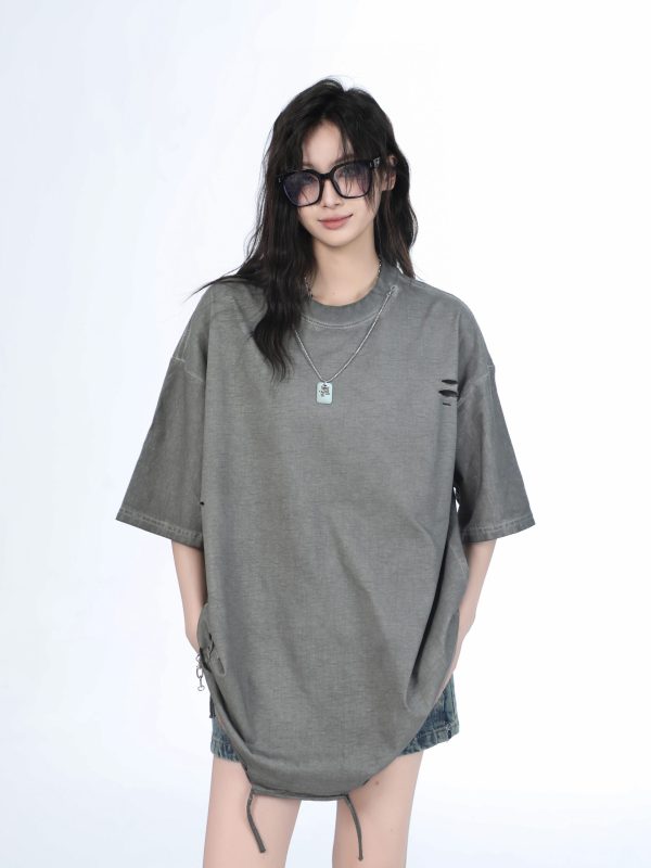 Women's Black Short Sleeve T-Shirt with Hip-Hop Destruction Design - Loose Fit Summer Trend for Casual Style