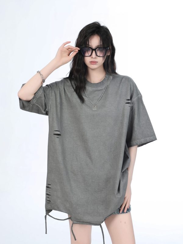 Women's Black Short Sleeve T-Shirt with Hip-Hop Destruction Design - Loose Fit Summer Trend for Casual Style