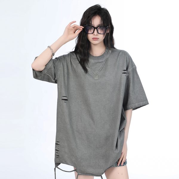 Women's Black Short Sleeve T-Shirt with Hip-Hop Destruction Design - Loose Fit Summer Trend for Casual Style