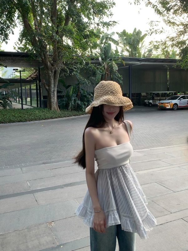 Women's Bubble Summer Patchwork Strapless Top - Stylish Summer Outerwear, High-End Blouse, Trendy 90s Inspired Fashion