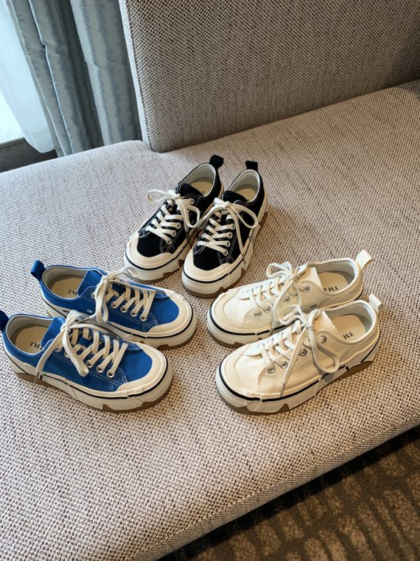 Women's Canvas Lace-Up Sneakers - 2025 Spring Korean Style Thick-Soled Low-Top Casual Shoes - Fashionable and Versatile for Everyday Wear