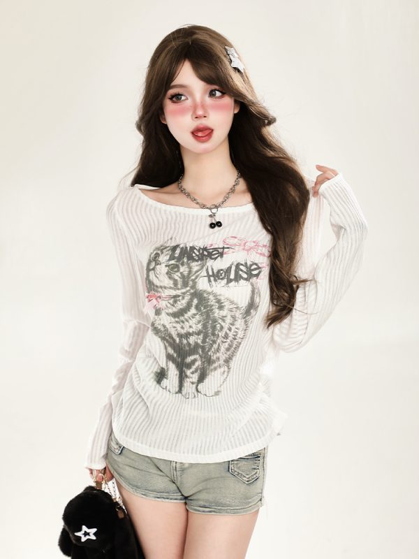 Women's Cat Long Sleeve T-Shirt Sun Protection Cover-Up, Sheer Spring Outfit with Relaxed Fit, Sweet and Spicy Style
