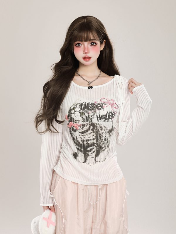 Women's Cat Long Sleeve T-Shirt Sun Protection Cover-Up, Sheer Spring Outfit with Relaxed Fit, Sweet and Spicy Style