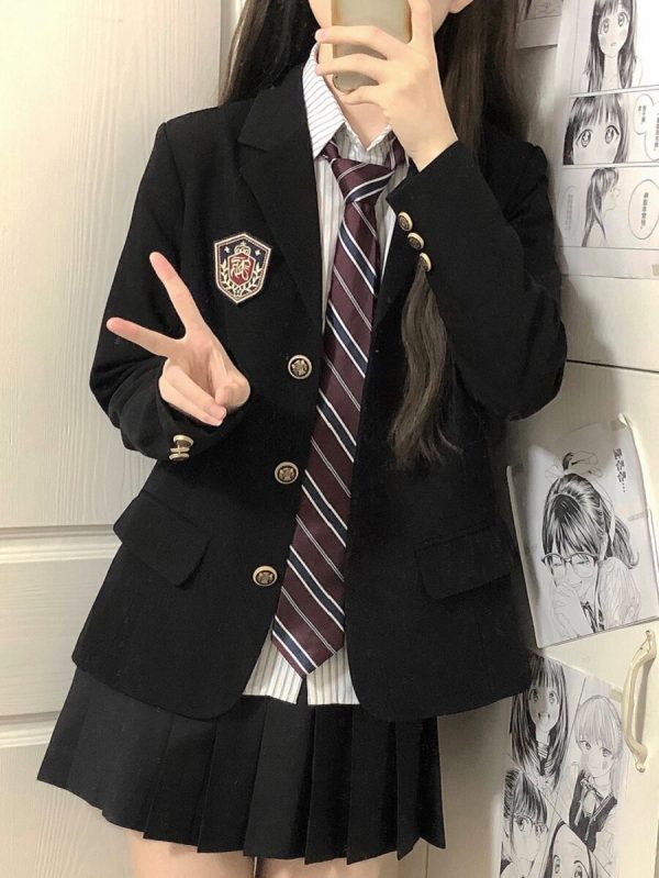 Women's College Style Black Suit Jacket - Dark Blue Three-Button Blazer, Trendy JK Uniform for Female Students