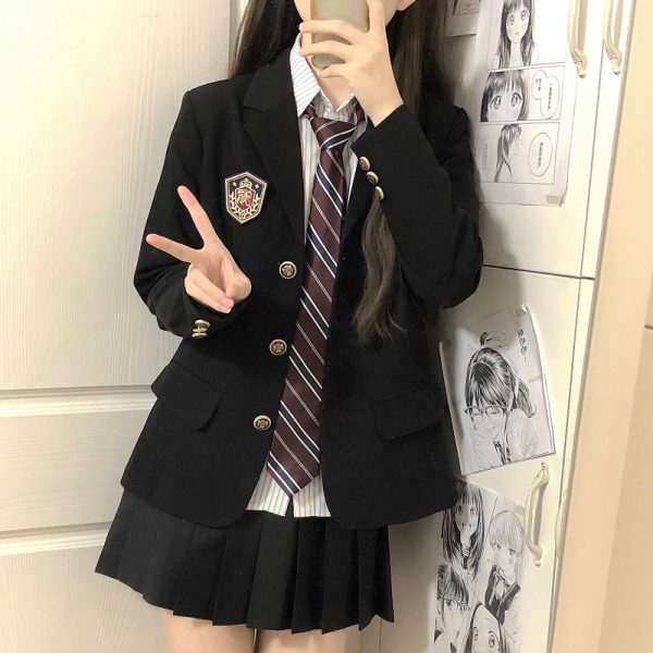 Women's College Style Black Suit Jacket - Dark Blue Three-Button Blazer, Trendy JK Uniform for Female Students
