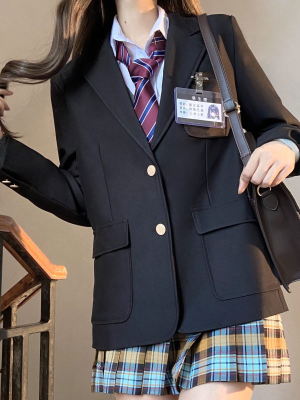Women's College Style Black Suit Jacket - Dark Blue Three-Button Blazer, Trendy JK Uniform for Female Students