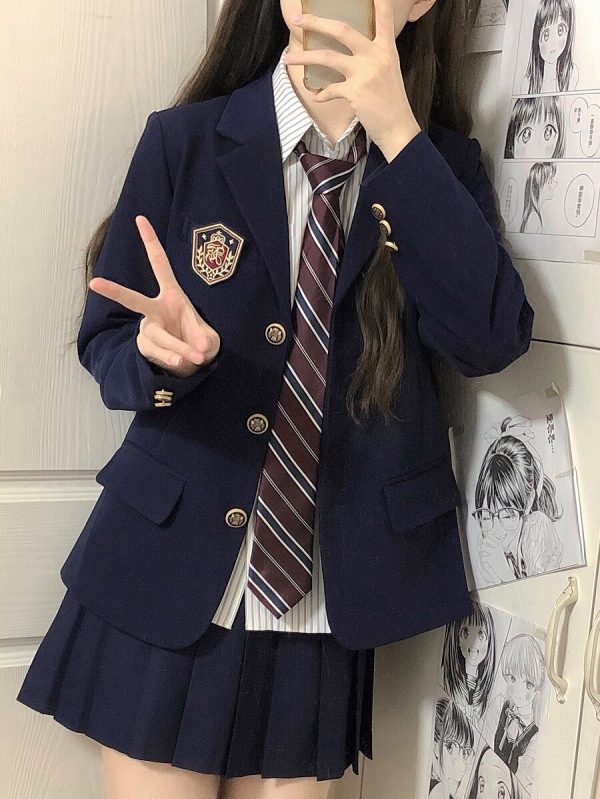 Women's College Style Black Suit Jacket - Dark Blue Three-Button Blazer, Trendy JK Uniform for Female Students