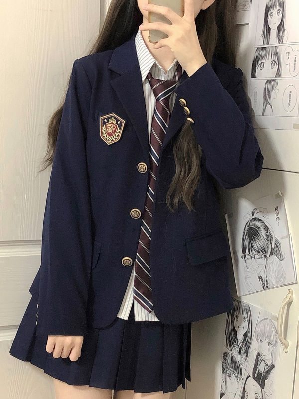 Women's College Style Black Suit Jacket - Dark Blue Three-Button Blazer, Trendy JK Uniform for Female Students