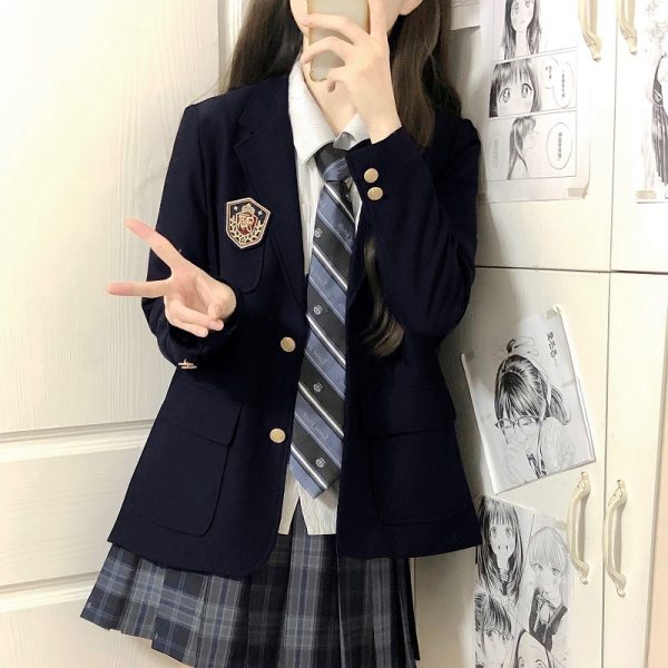 Women's College Style Black Suit Jacket - Dark Blue Three-Button Blazer, Trendy JK Uniform for Female Students