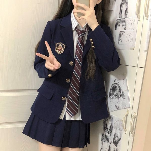 Women's College Style Black Suit Jacket - Dark Blue Three-Button Blazer, Trendy JK Uniform for Female Students