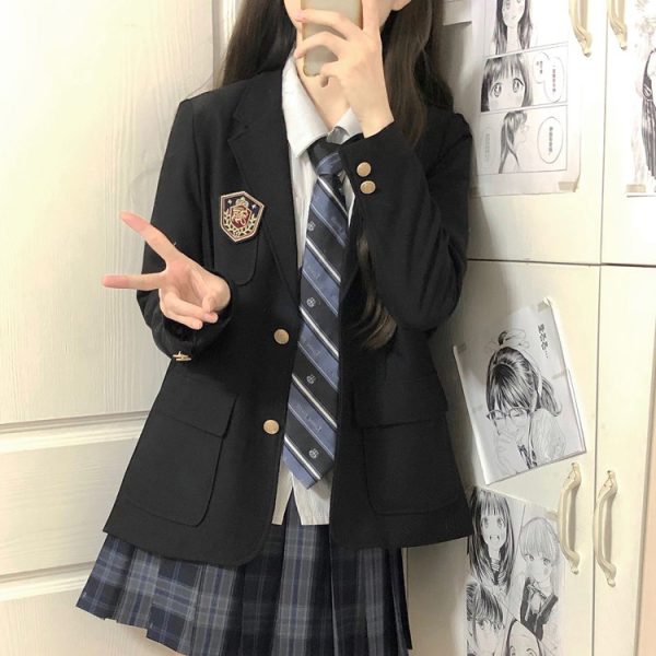 Women's College Style Black Suit Jacket - Dark Blue Three-Button Blazer, Trendy JK Uniform for Female Students