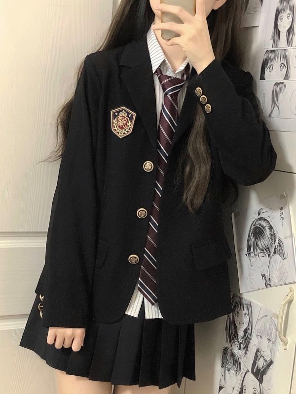 Women's College Style Black Suit Jacket - Dark Blue Three-Button Blazer, Trendy JK Uniform for Female Students