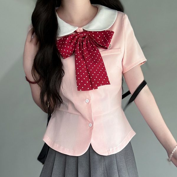 Women's College Style JK Uniform Set - Pudding Bear Original Waist-Defining Short Sleeve Shirt - Summer 2025 Fashion