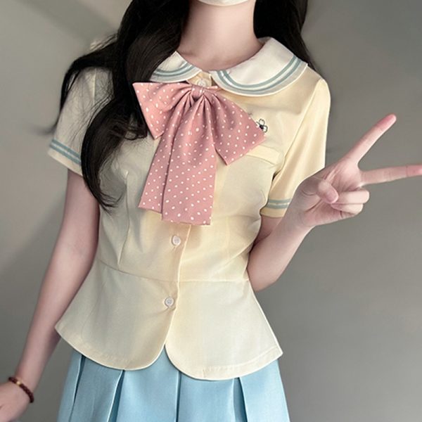 Women's College Style JK Uniform Set - Pudding Bear Original Waist-Defining Short Sleeve Shirt - Summer 2025 Fashion