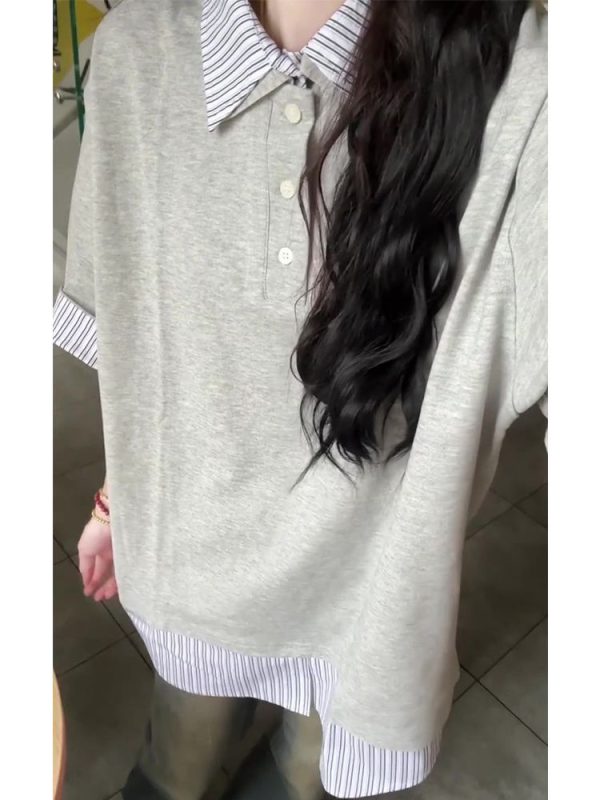 Women's College Style Patchwork Striped Faux Two-Piece Polo Collar Short-Sleeve T-Shirt - Unique Gray Summer Top