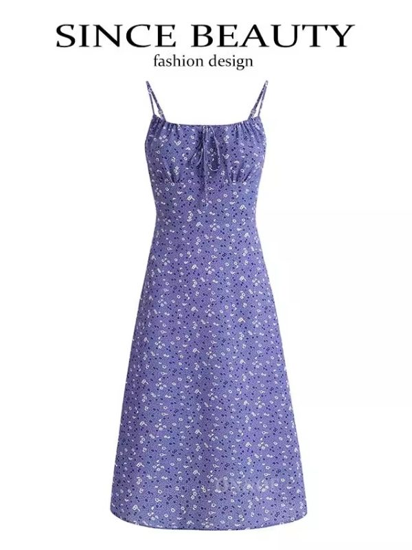 Women's Floral Spaghetti Strap Dress - French Style Long Purple Summer Dress for Vacation 2025 Temperament