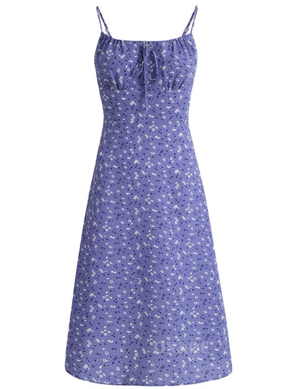 Women's Floral Spaghetti Strap Dress - French Style Long Purple Summer Dress for Vacation 2025 Temperament