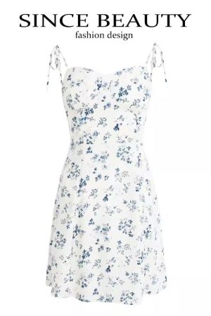 Women's Floral Spaghetti Strap Short Dress - French Style Vacation Dress for Summer 2025 in White - Small Size