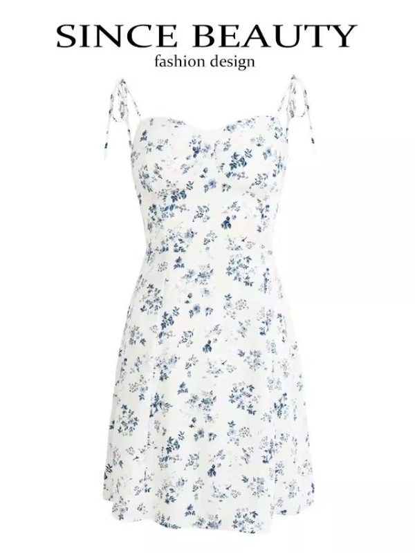 Women's Floral Spaghetti Strap Short Dress - French Style Vacation Dress for Summer 2025 in White - Small Size