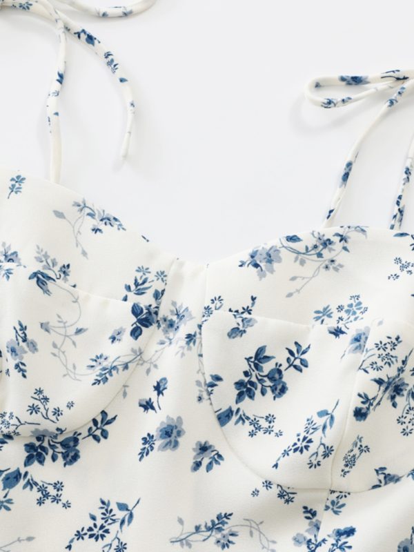 Women's Floral Spaghetti Strap Short Dress - French Style Vacation Dress for Summer 2025 in White - Small Size