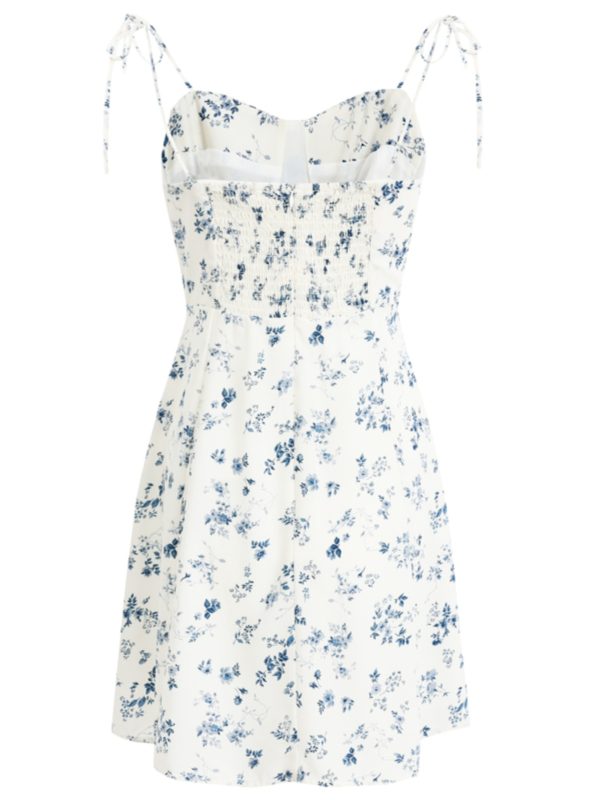 Women's Floral Spaghetti Strap Short Dress - French Style Vacation Dress for Summer 2025 in White - Small Size