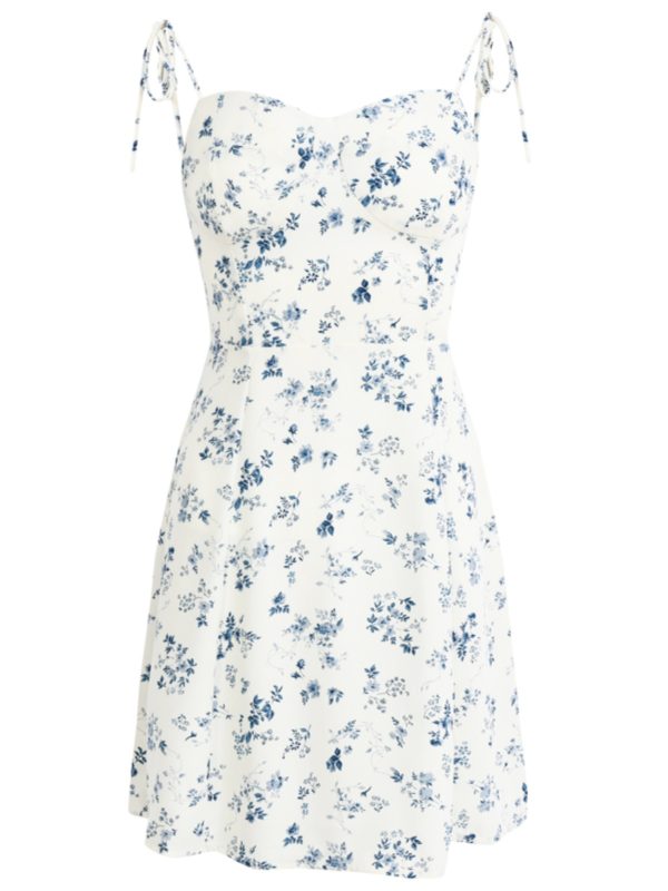 Women's Floral Spaghetti Strap Short Dress - French Style Vacation Dress for Summer 2025 in White - Small Size