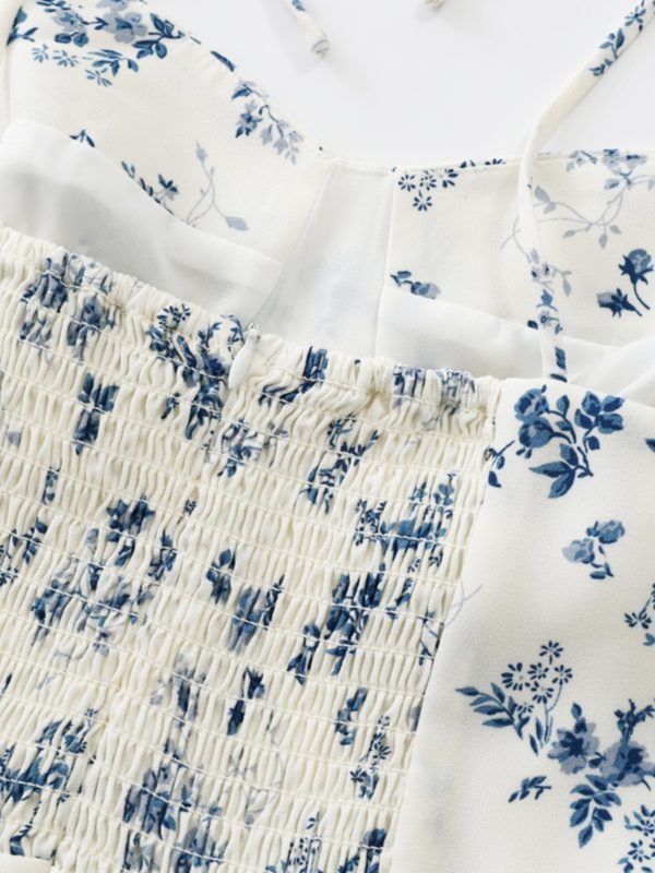 Women's Floral Spaghetti Strap Short Dress - French Style Vacation Dress for Summer 2025 in White - Small Size