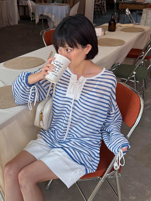 Women's French Striped Long Sleeve T-Shirt - 2025 Summer Lazy Style Sun Protection Cover-Up, Loose Casual Versatile Top
