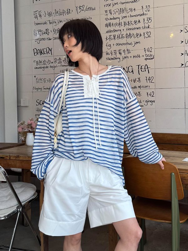 Women's French Striped Long Sleeve T-Shirt - 2025 Summer Lazy Style Sun Protection Cover-Up, Loose Casual Versatile Top