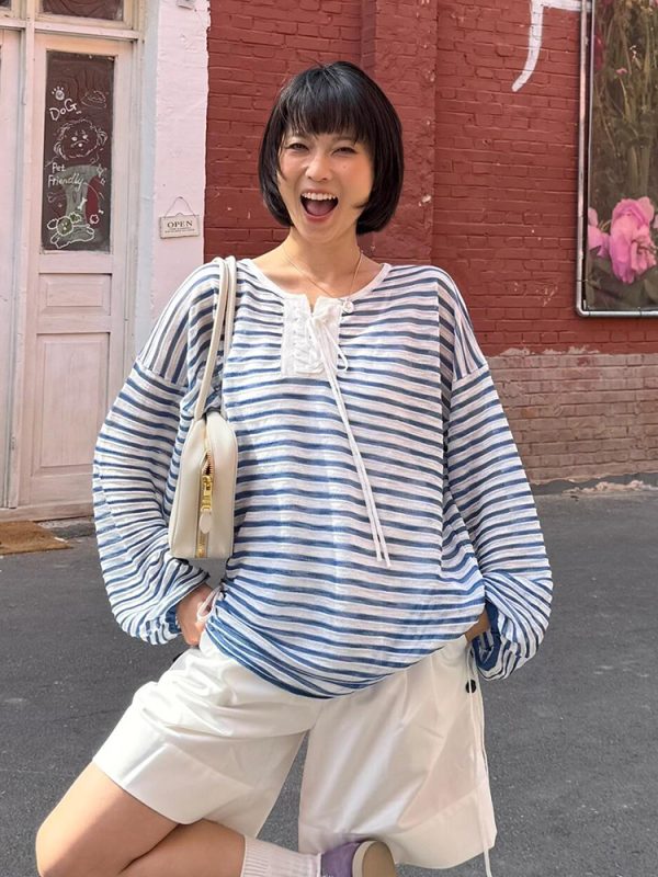 Women's French Striped Long Sleeve T-Shirt - 2025 Summer Lazy Style Sun Protection Cover-Up, Loose Casual Versatile Top