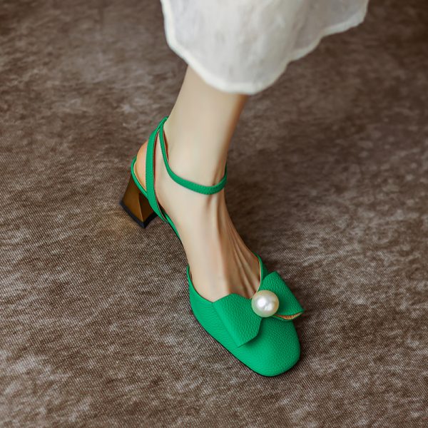 Womenâ€™s Genuine Leather Chunky High Heel Sandals with Square Toe, Bow and Pearl Detail - Versatile Closed-Toe Summer Style 2025