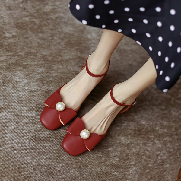 Womenâ€™s Genuine Leather Chunky High Heel Sandals with Square Toe, Bow and Pearl Detail - Versatile Closed-Toe Summer Style 2025