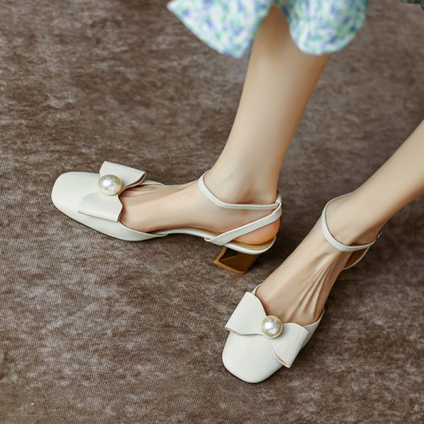 Womenâ€™s Genuine Leather Chunky High Heel Sandals with Square Toe, Bow and Pearl Detail - Versatile Closed-Toe Summer Style 2025