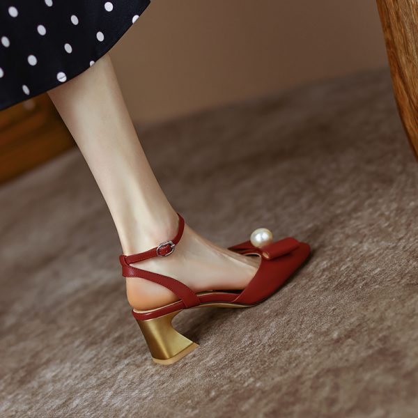 Womenâ€™s Genuine Leather Chunky High Heel Sandals with Square Toe, Bow and Pearl Detail - Versatile Closed-Toe Summer Style 2025