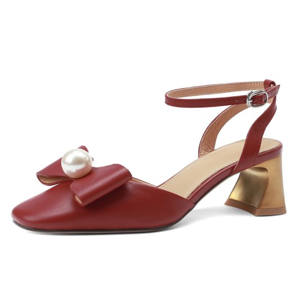 Womenâ€™s Genuine Leather Chunky High Heel Sandals with Square Toe, Bow and Pearl Detail - Versatile Closed-Toe Summer Style 2025