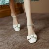 Womenâ€™s Genuine Leather Chunky High Heel Sandals with Square Toe, Bow and Pearl Detail - Versatile Closed-Toe Summer Style 2025
