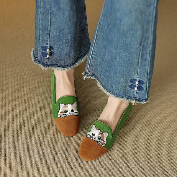 Women's Genuine Leather Suede Lucky Cat Embroidered Slip-On Loafers with Low Chunky Heels - Trendy Y2K Inspired Footwear