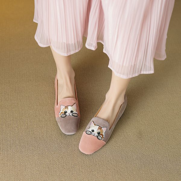 Women's Genuine Leather Suede Lucky Cat Embroidered Slip-On Loafers with Low Chunky Heels - Trendy Y2K Inspired Footwear
