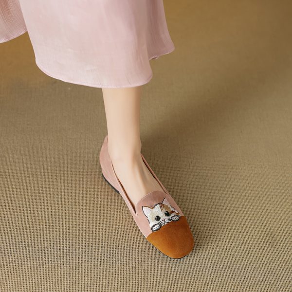 Women's Genuine Leather Suede Lucky Cat Embroidered Slip-On Loafers with Low Chunky Heels - Trendy Y2K Inspired Footwear