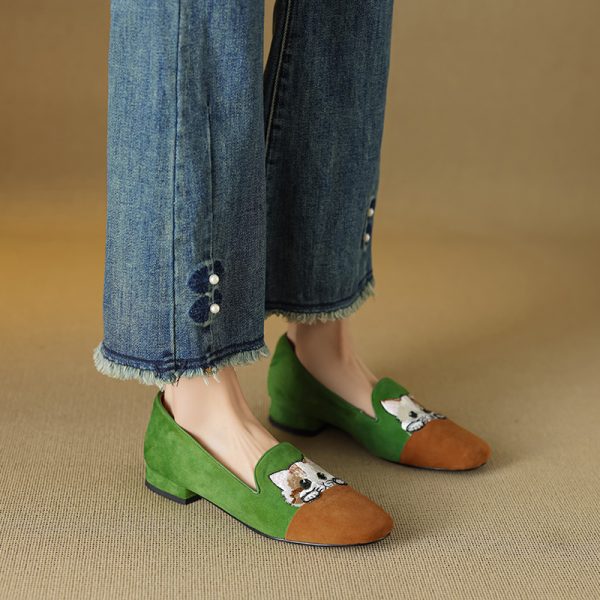 Women's Genuine Leather Suede Lucky Cat Embroidered Slip-On Loafers with Low Chunky Heels - Trendy Y2K Inspired Footwear