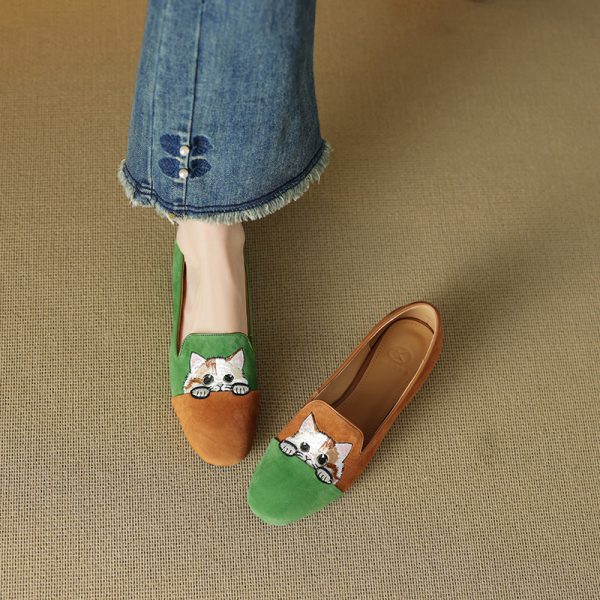 Women's Genuine Leather Suede Lucky Cat Embroidered Slip-On Loafers with Low Chunky Heels - Trendy Y2K Inspired Footwear