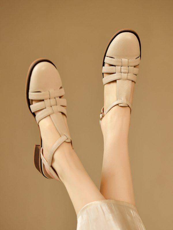 Women's Genuine Leather White Mid-Heel Open-Toe Sandals - Roman Woven Design, Summer Fashion Footwear